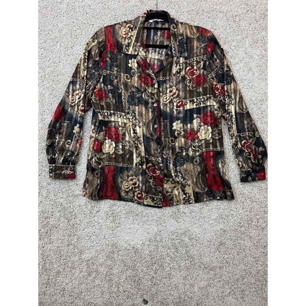 ALIA Women's Floral Baroque Print Button Up Blouse Long Sleeve Multicolor Shirt